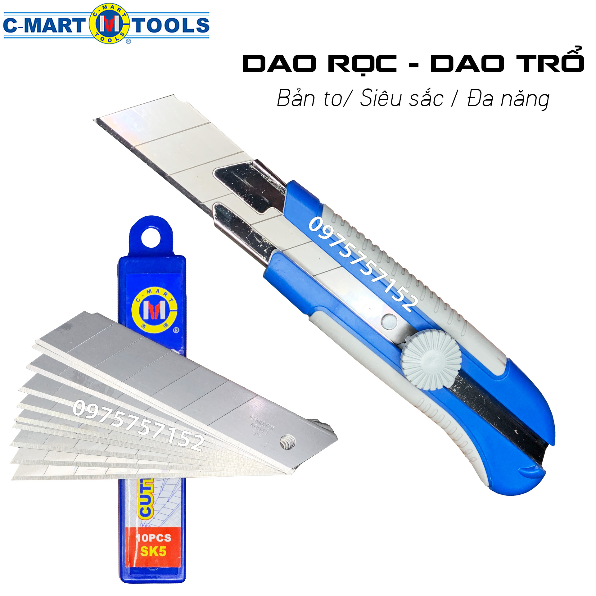 Bộ dao đa năng, dao trổ, rọc giấy lưỡi bản lớn C-Mart và hộp 10 lưỡi dao thép Nhật SK-5 siêu sắc thay thế, bề rộng lưỡi dao 25mm, có 6 rãnh bẻ tái sử dụng nhiều lần,dao đa năng, lưỡi dao trổ, lưỡi dao C-MART bảng lớn