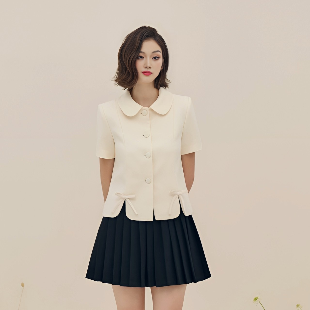 Áo vest nữ cổ sen phối nơ chất dạ text Linly Store
