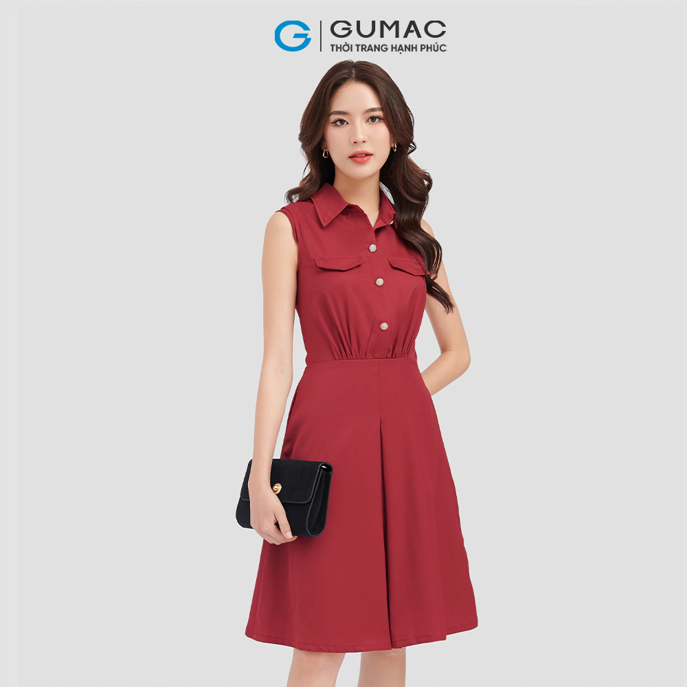 Đầm sơ mi GUMAC, đầm không tay 2 nắp túi DC08097