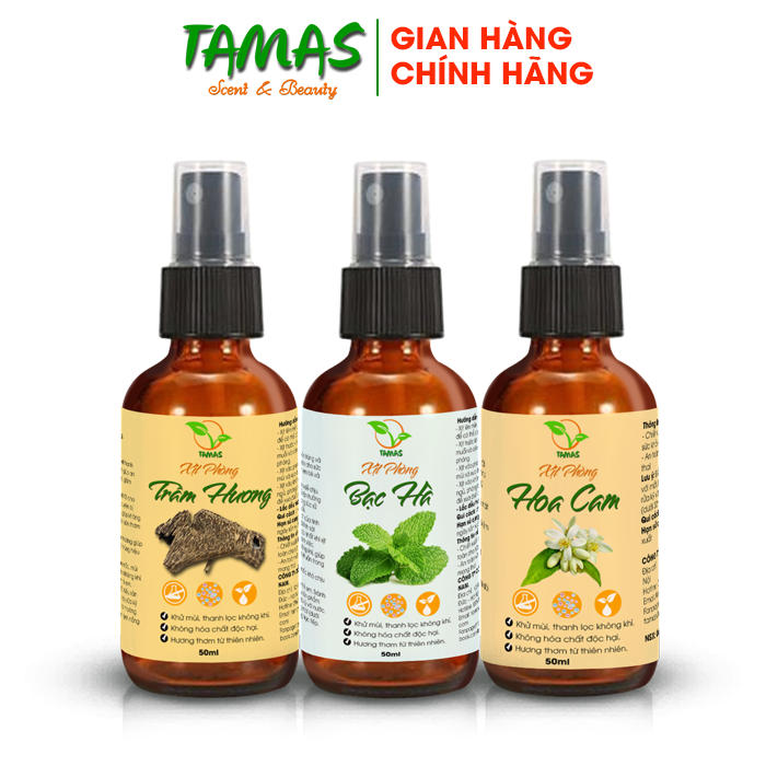COMBO 3 chai xịt thơm phòng thư giãn, đuổi côn trùng( Trầm Hương 50ml + Hoa Cam 50ml+ Bạc Hà 50ml)- TAMAS.
