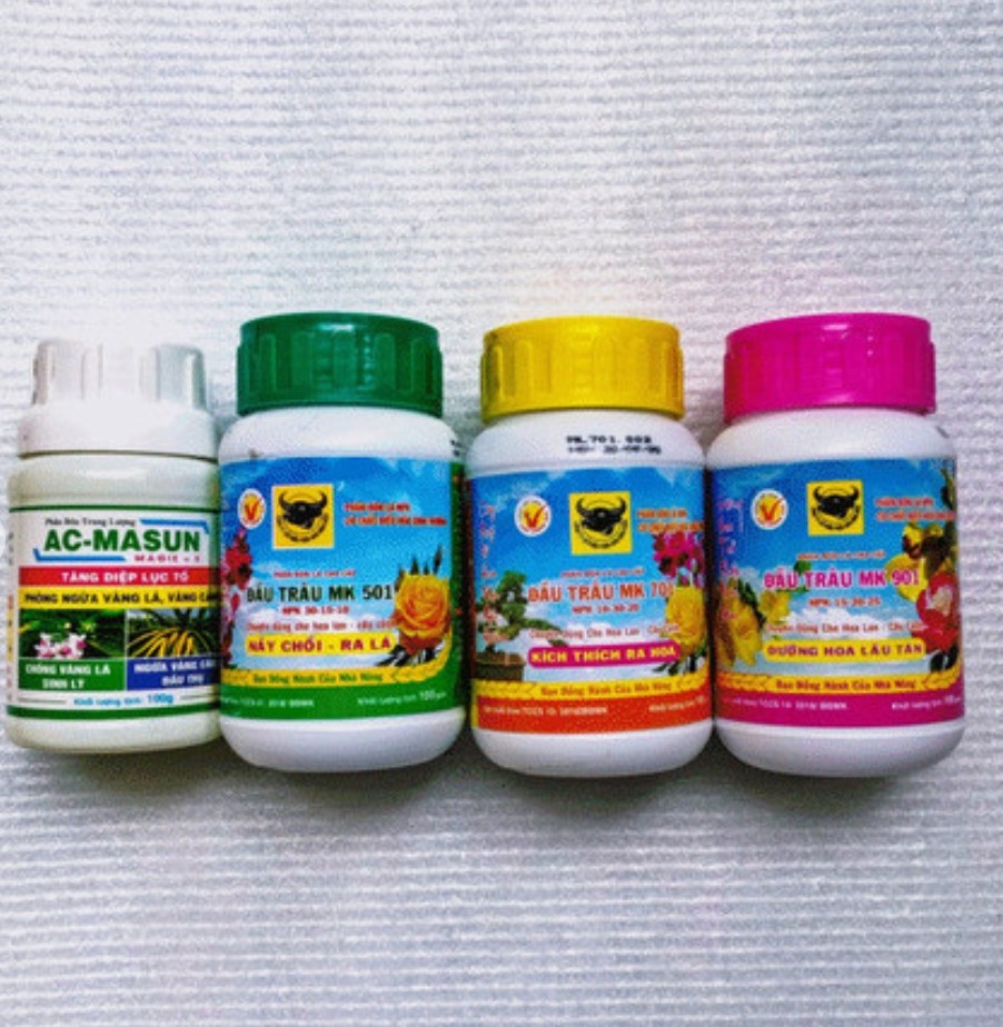 Combo 4 lọ phân bón lá npk hiệu đầu trâu 501, 701, 901, ac masun 100g