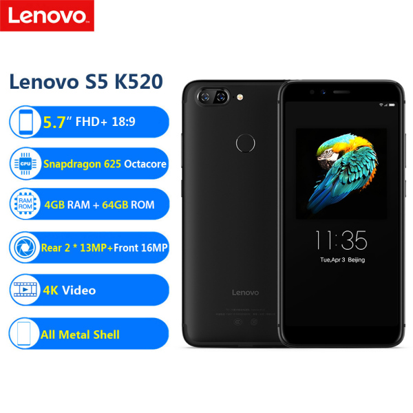 Lenovo S5 K520 Smartphone Face ID LTE 5.7inch FHD+ 18:9 4G RAM 64G ROM Snapdragon 625 Octacore Android 8.0 Dual Rear 13MP + Front 16MP 4K Video