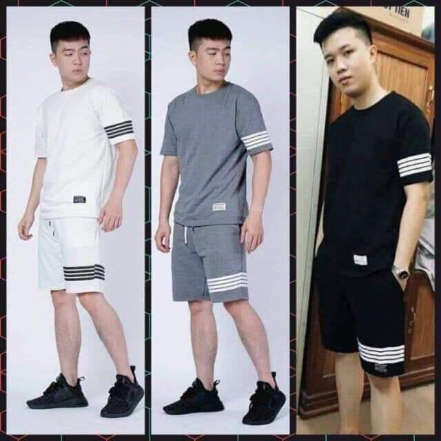 Bộ thể thao nam siêu thoáng phối LOGO in chữ PHỐI 4 SỌC SÉT BỘ MẶC NHÀ NAM NỮ CHẤT VẢI DÃN NHIỆT 01