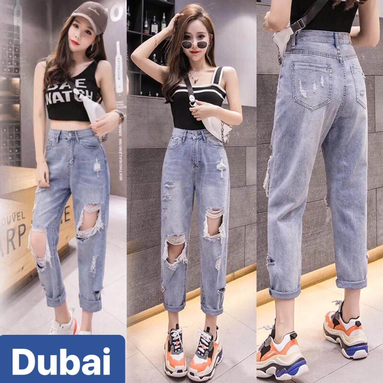 QUẦN BAGGY JEAN NỮ CHẤT BÒ XANH RÁCH LƯNG CAO NÂNG MÔNG CUTE GIRL DB-3028 CAO CẤP - DUBAI FASHION