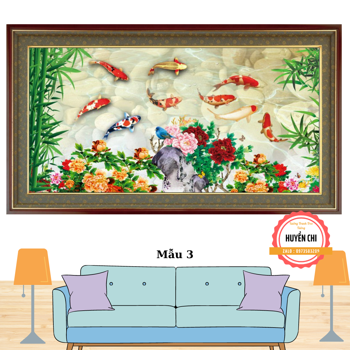 Tranh dán tường 3d Cửu Ngưu Quần Hội-tranh dán 3d Cá chép- tranh 3d phòng khách, phong thuỷ-Đặt theo kích thước yêu cầu