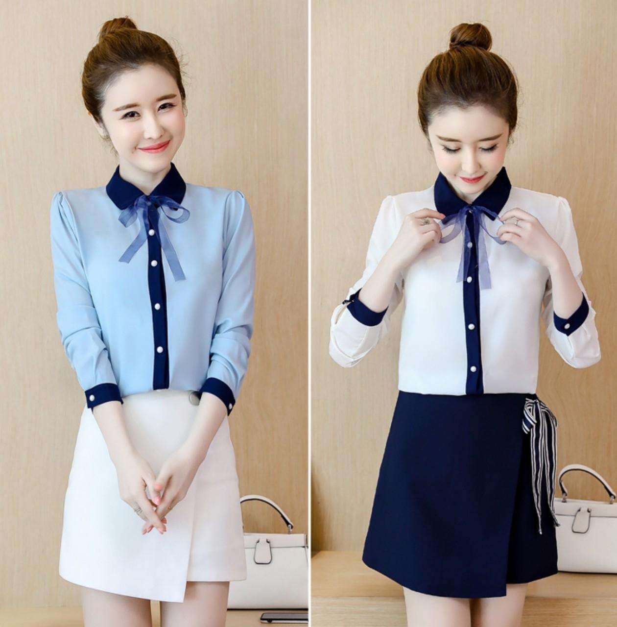 Áo sơ mi nữ viền xanh thắt nơ cao cấp