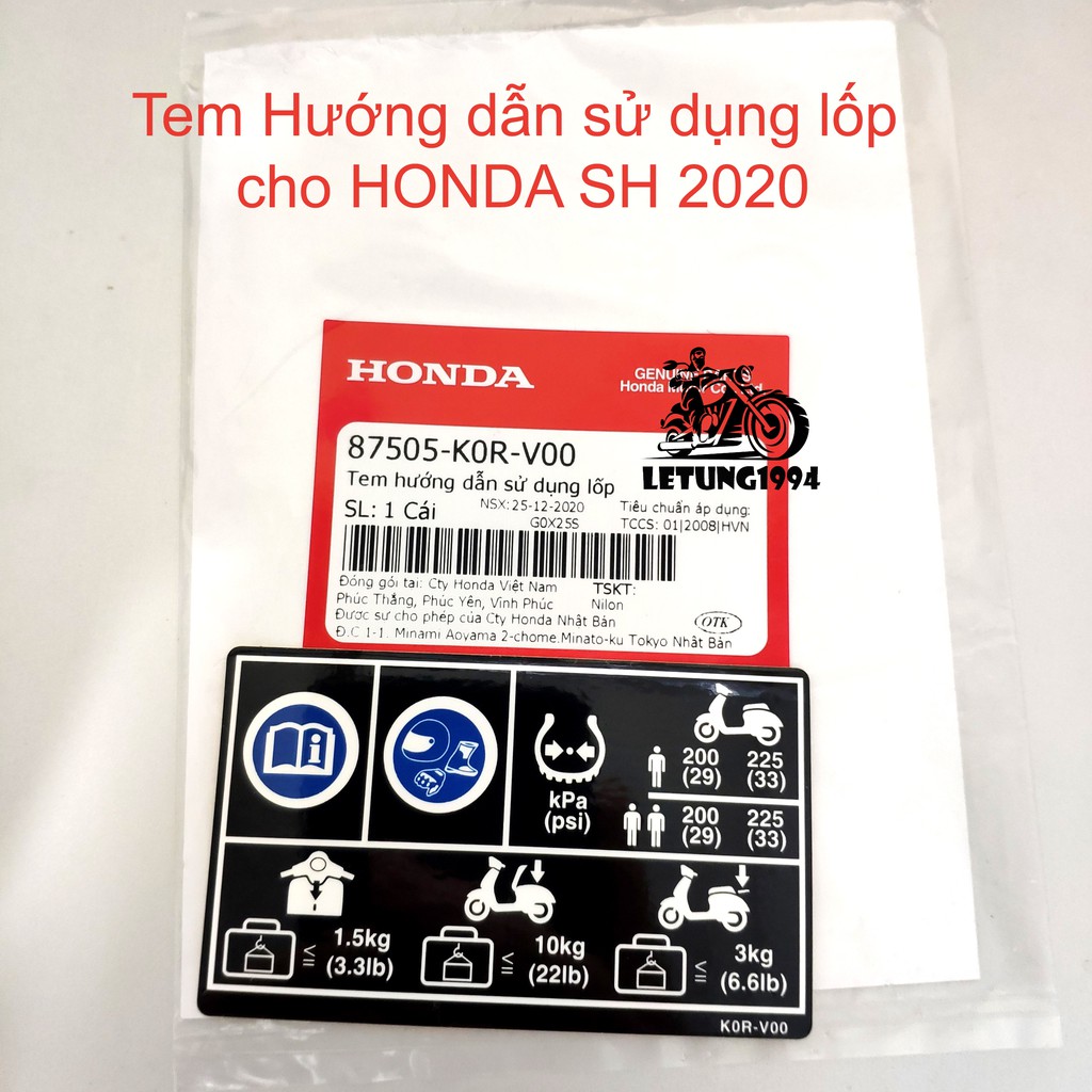 Tem thông số lốp Honda SH, Airblade AB, Vario