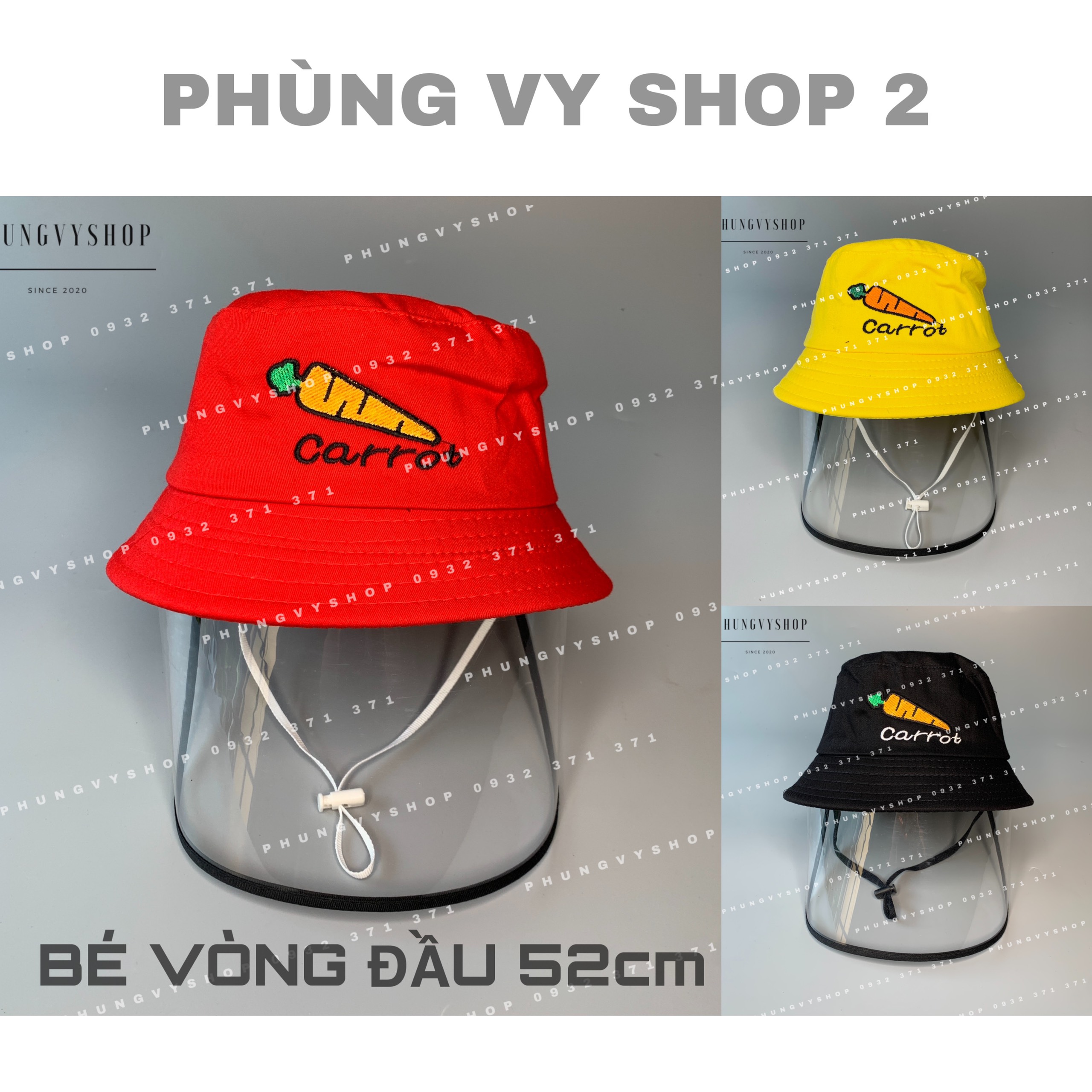 (Bé 2.5-5 Tuổi/ Vòng đầu 52cm) Mũ CHỐNG GIỌT BẮN thêu CAROTCAM- Nón cản bụi trẻ em