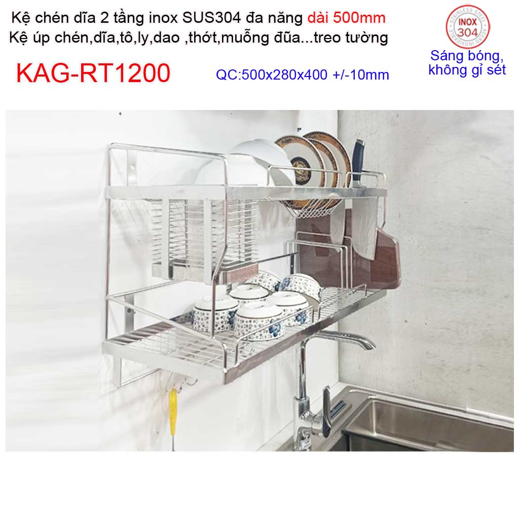 [HCM]Kệ đựng chén bát 2 tầng 50cm đa năng inox 304 kệ chén dĩa 2 tầng inox Roca KAG-RT1200