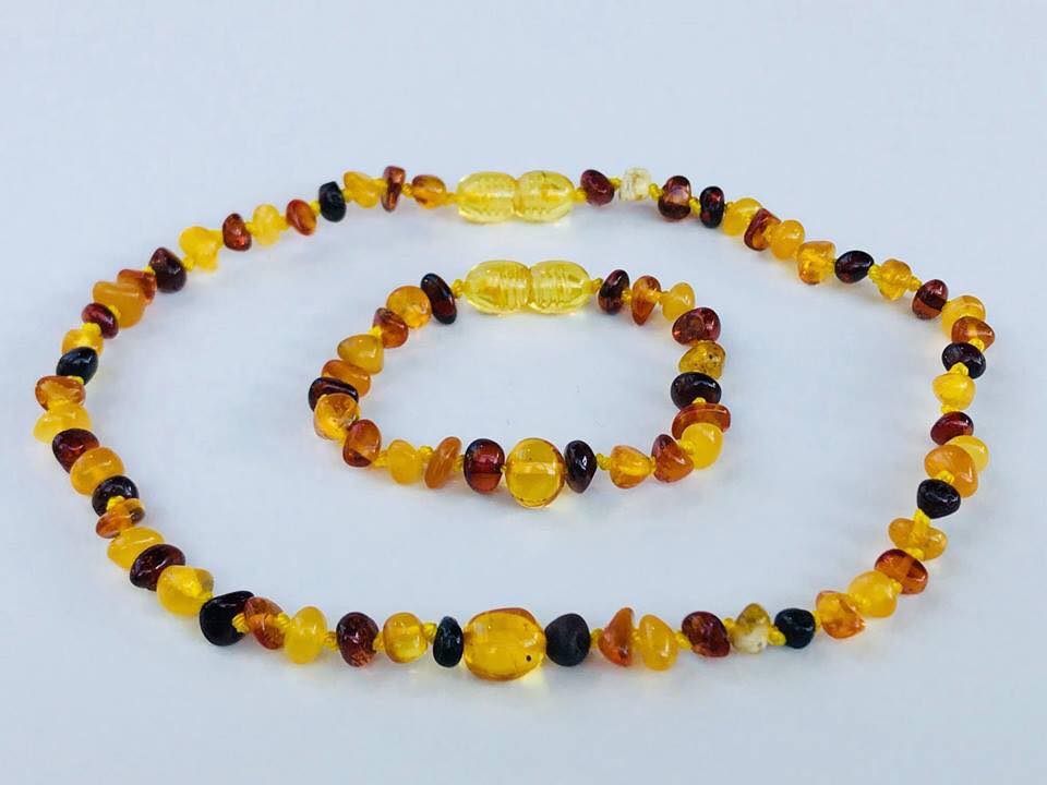 Bộ combo dây chuyền đeo cổ và vòng tay đá hổ phách đá tự nhiên an toàn cho bé