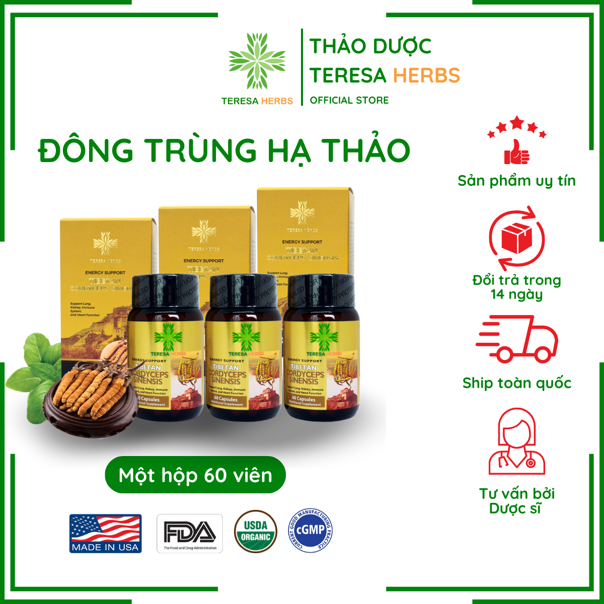 Combo 3 đông trùng hạ thảo tây tạng teresa herbs giúp bổ phổi, bổ thận và tăng cường đề kháng hộp 60 viên