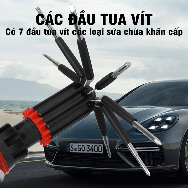 Búa thoát hiểm phá kính đa năng 8 trong 1 tích hợp tua vít và đèn pin cao cấp