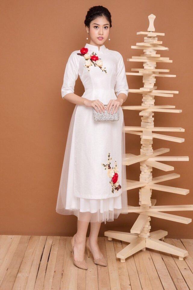 áo dài cách tân phối lưới thêu hoa đào cao cấp. - KHÔNG KÈM VÁY