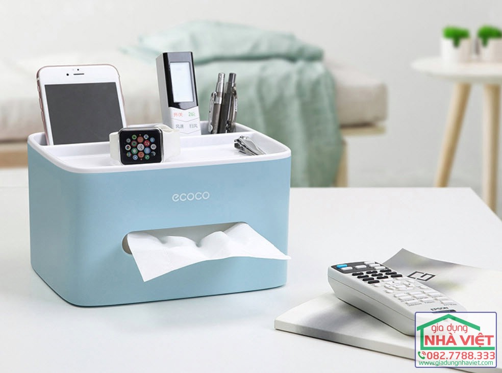 Hộp Đựng Khăn Giấy Ăn Kèm Khay Để Điều Khiển Điện Thoại Đa Năng Tiện Ích ecoco. (55A68)
