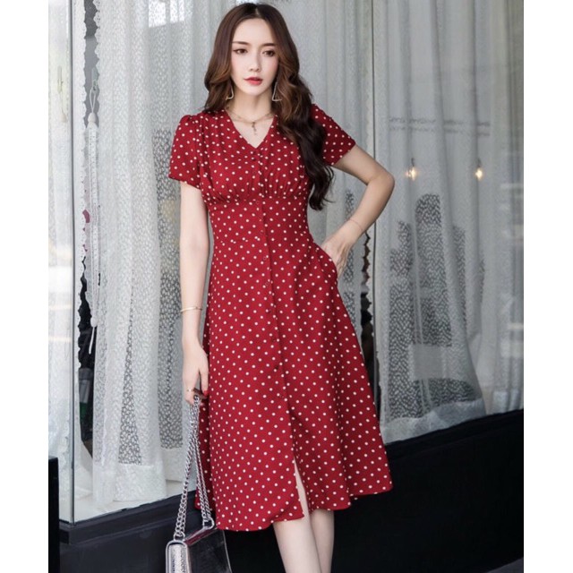 Đầm bi đỏ nhúng thun sau