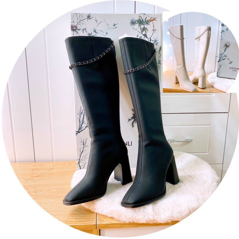 BOOT ĐÙI (Boot) da cao cấp gót vuông 9cm dây xích