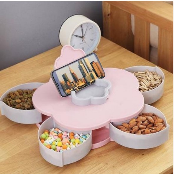 Khay Đựng Mứt Kẹo Tự Xoay Hình Cánh Hoa 5 Ngăn , Hộp đựng bánh mứt cánh hoa sen 1 tầng - Hộp đựng bánh kẹo - Có giá đỡ điện thoại - Khay đựng bánh mứt xuân 2024 thiết kế tinh xảo