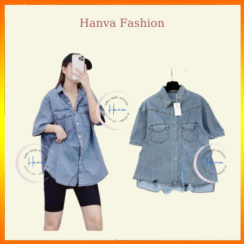 Áo sơ mi bò nữ cộc tay oversize form rộng hai túi vải mềm mát không nhăn không bay màu hanva