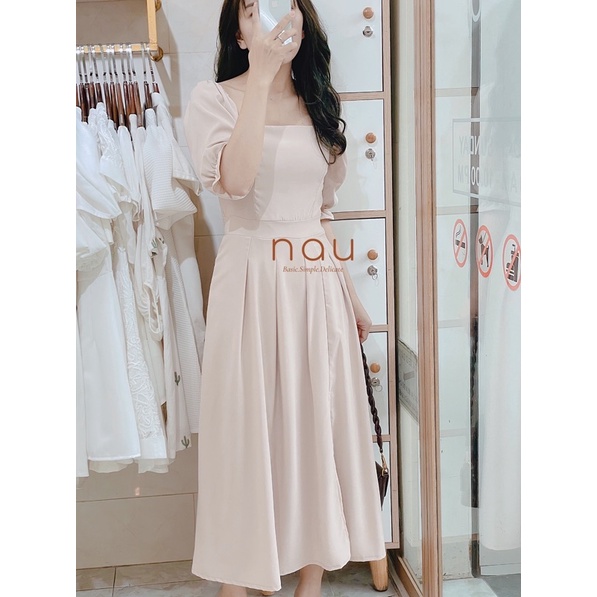 Đầm maxi xẻ tà cổ vuông 3 màu xanh/đen/nude