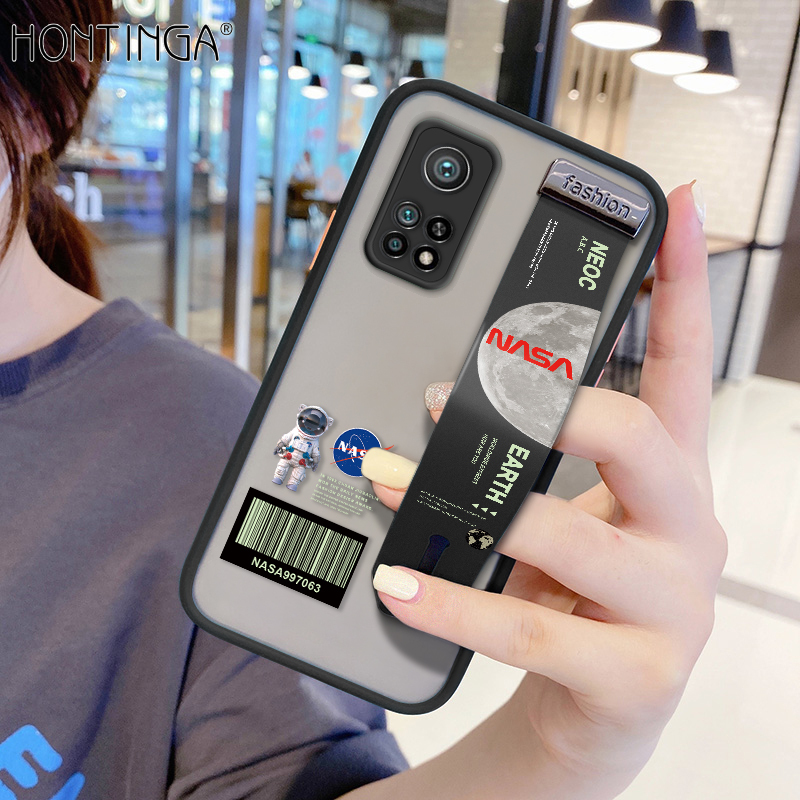 (With Wristband)Hontinga Casing Case For Xiaomi Mi 10T 10T Pro Case Shockproof Frosted NASA Moon transparent Phone Case Soft Edge Lens Camera Protector Back Cover Casing Thin Hard Case For Boys For Girls