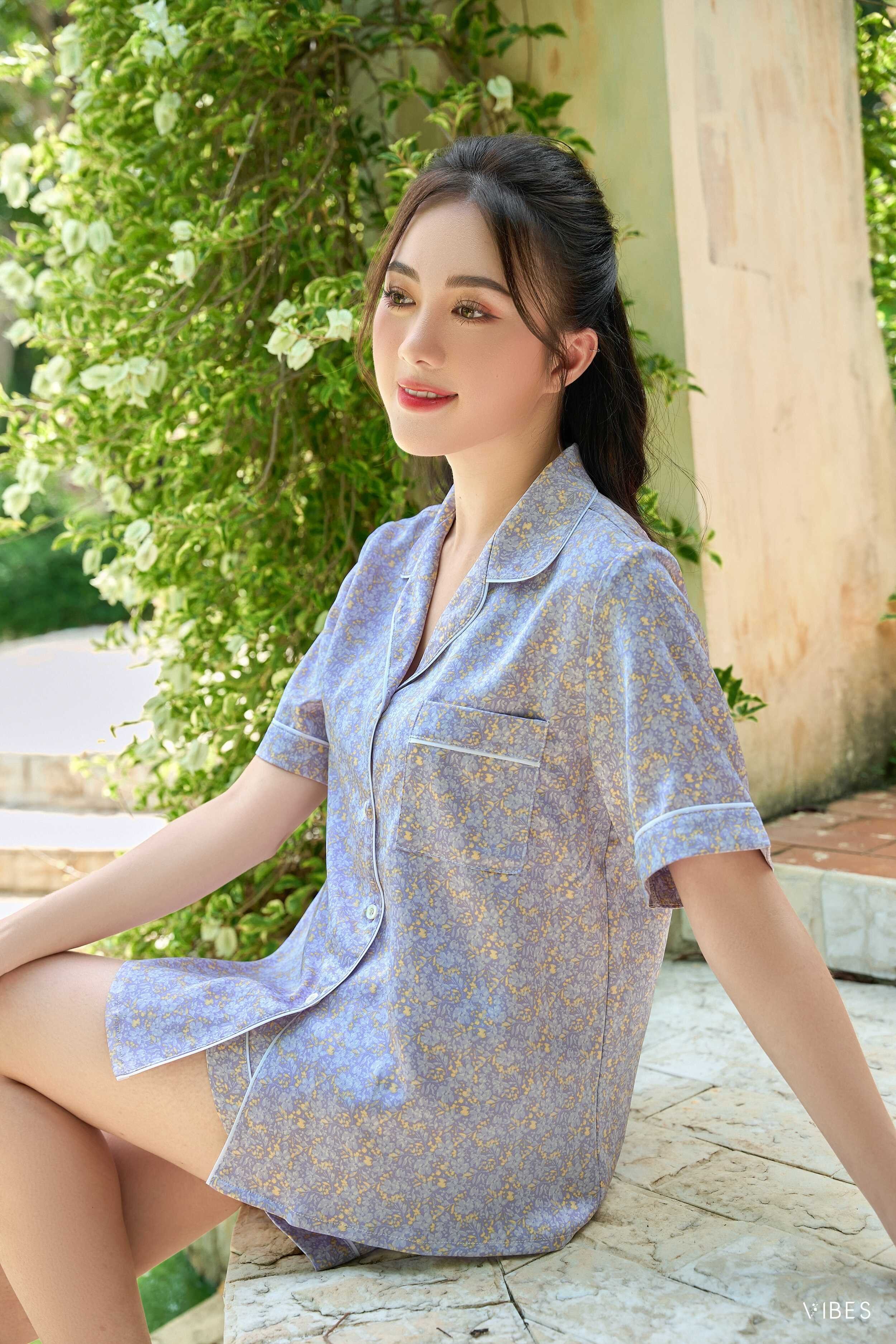 VIBES Bộ pijama ngắn lụa cao cấp Little Purple Py Set