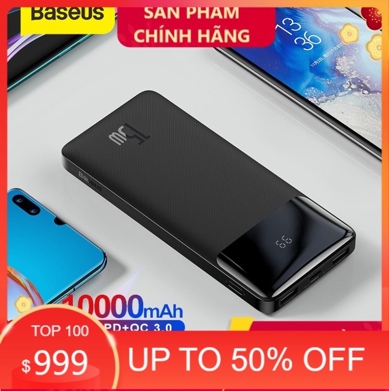 Pin sạc dự phòng Baseus dung lượng 10000mAh màn hình LED hiển thị công suất 15W sạc nhanh QC PD cho iPhone Samsung Xiaomi Bipow Digital Display LED