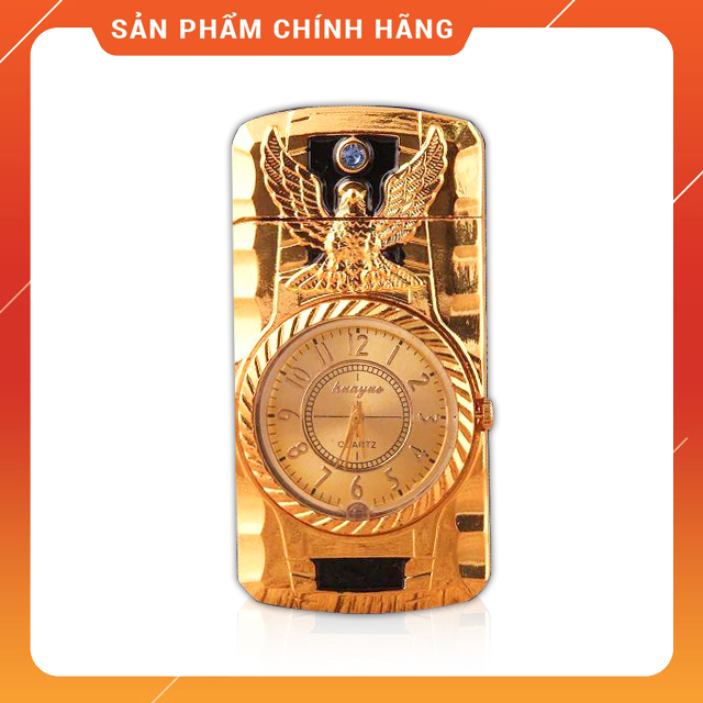 Vỏ Bật Lửa Hộp Quẹt Khò Gas Kiêm Đồng Hồ Cầm Tay Phát Đèn Led In Nổi Hình Đại Bàng (KHÔNG XĂNG KHÔNG GAS)
