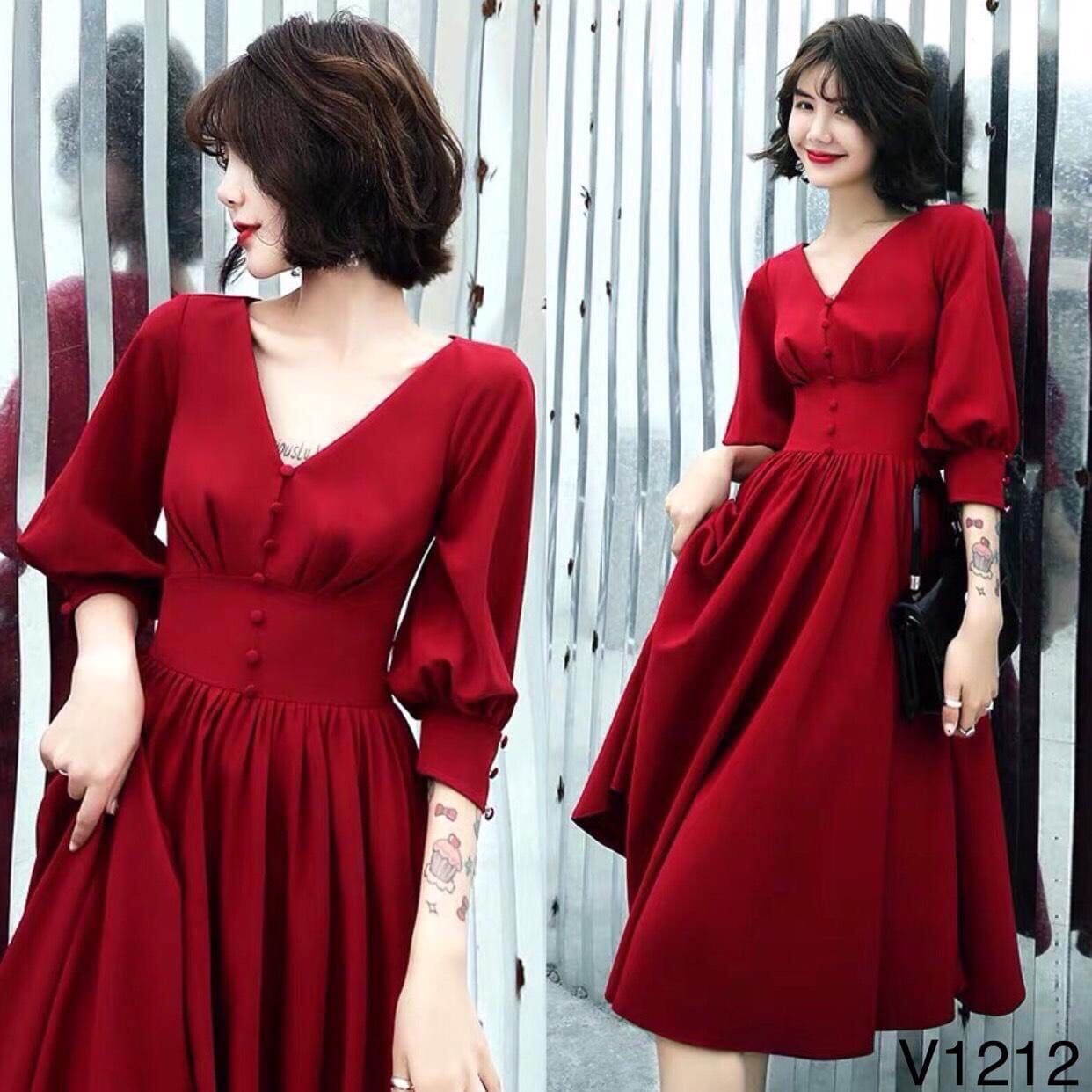 Đầm Cổ Tym Đính Nút Bọc Táy Phồng Dễ Thương