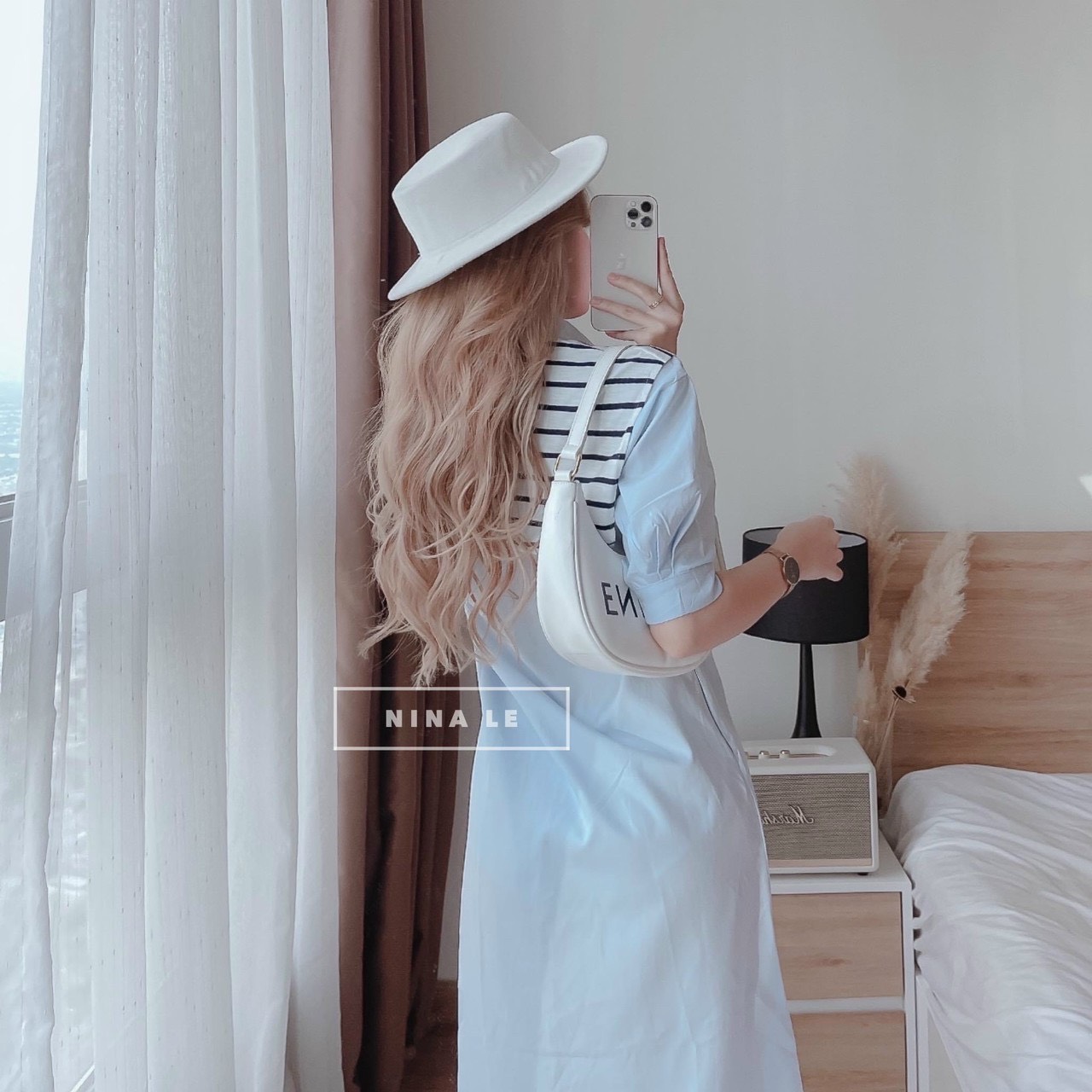 [New Sales 2024] Đầm Suông Xanh Sơ Mi  Lụa Dày Phối Sọc Cổ Áo Giả