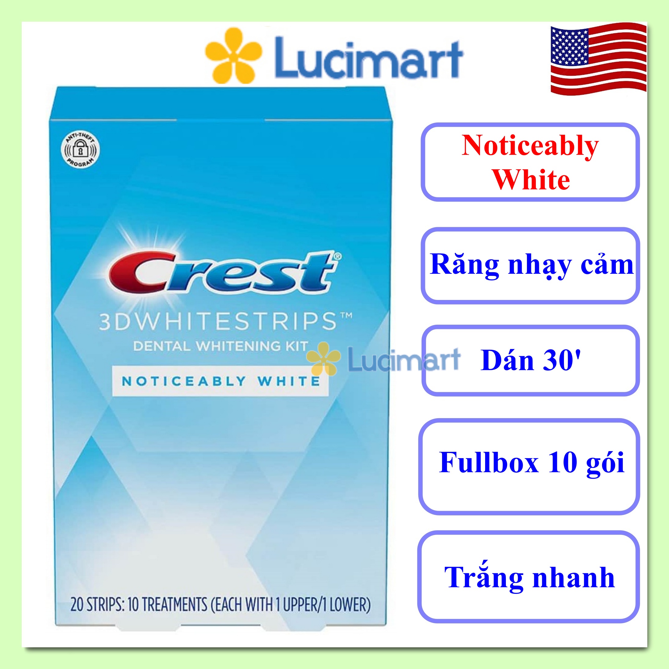 Miếng dán trắng răng Crest 3D Whitestrips Noticeably White [Hàng Mỹ]