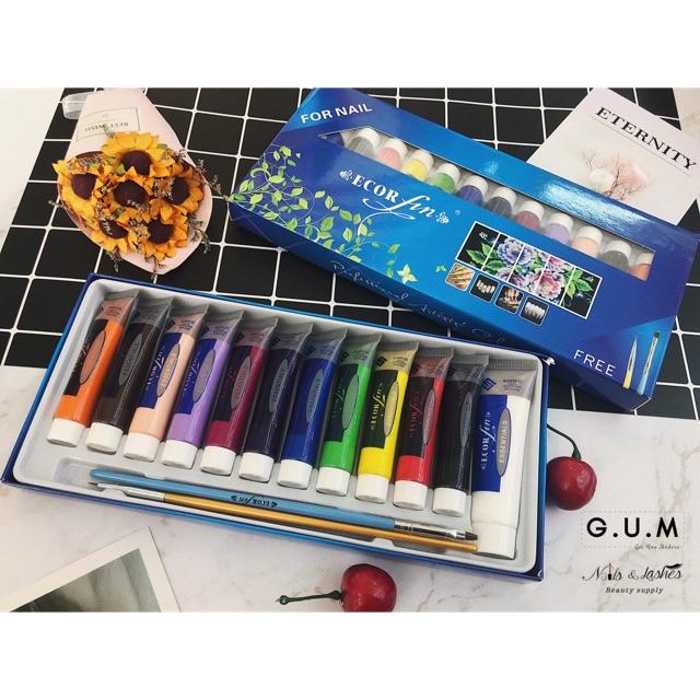 Set 12 bột màu vẽ Ecorfin tặng cọ bản và cọ siêu nét