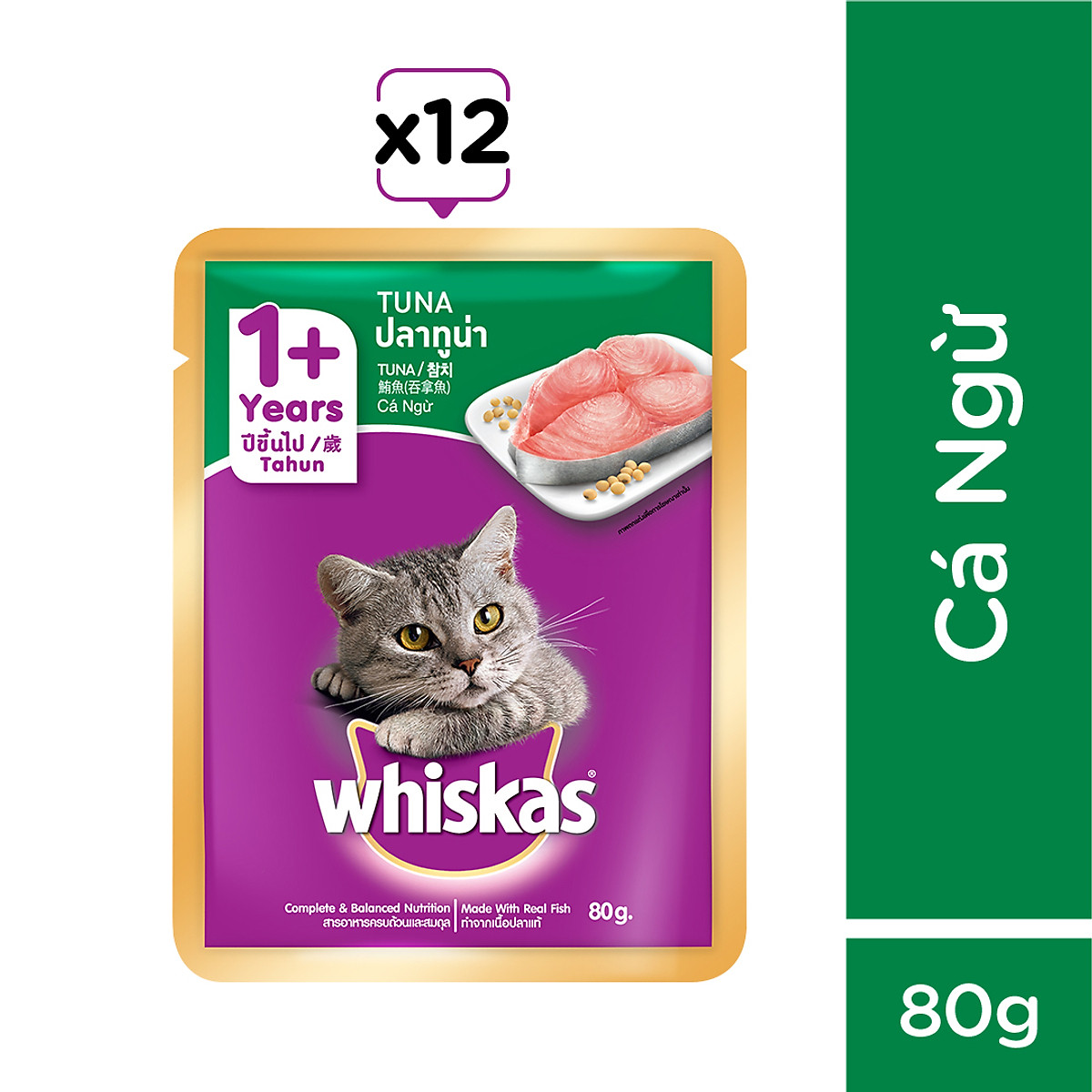 WHISKAS - COMBO 6+ 1 x 480gr/bao (vị cá ngừ) + 3 x 80gr/gói (Mix vị)