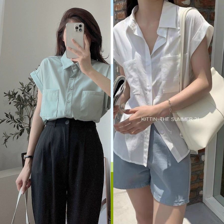 Áo sơ mi nữ ngắn tay hiền hồ có 2 túi hottrend màu trắng, xanh nhạt, xanh bạc hà , áo sơ mi nữ hiền hồ