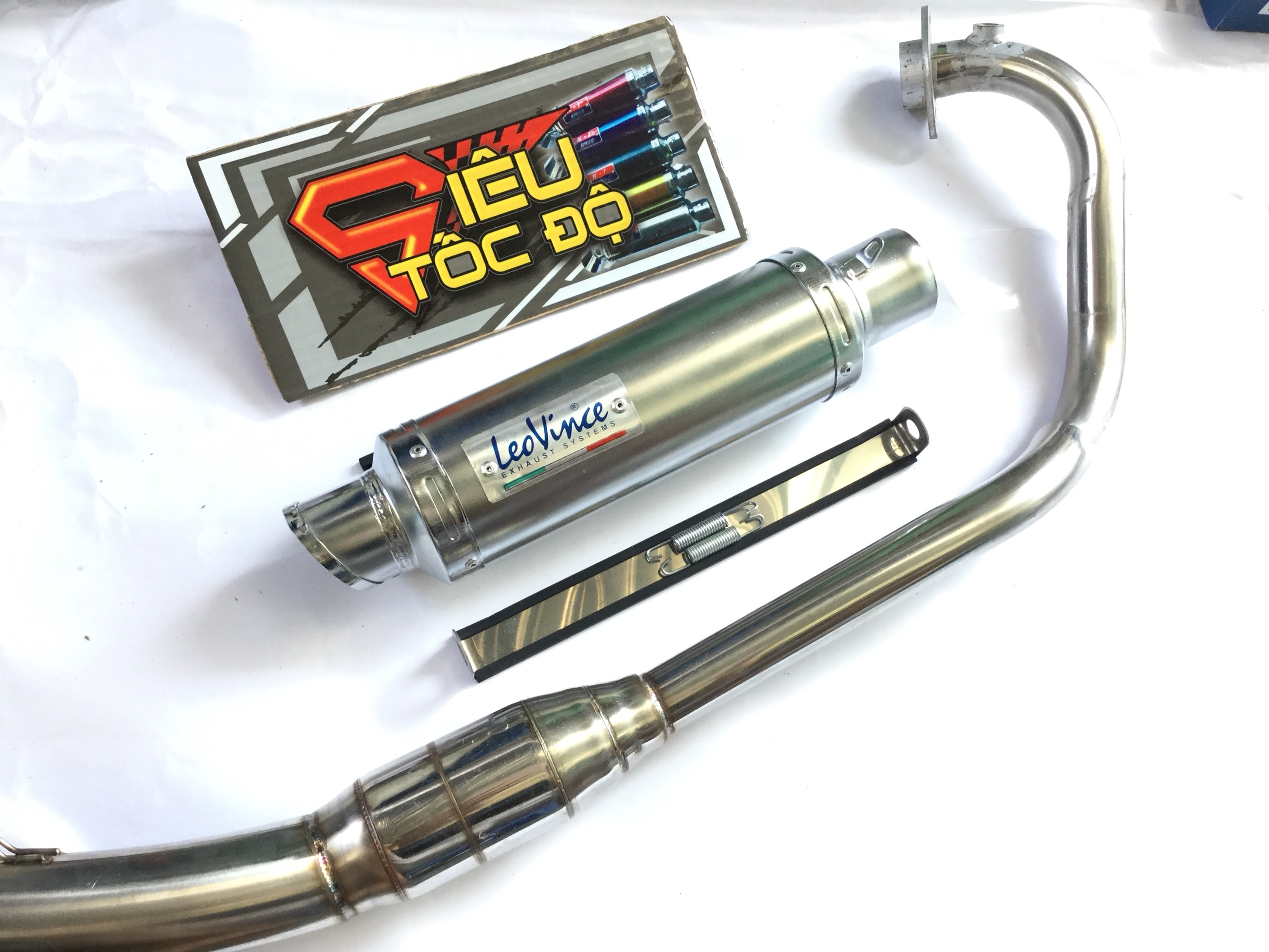 Pô leovince trắng full pass treo lò xo bao gồm cả cổ pô độ bầu hơi inox cho xe raider fi, satria, gsx,....