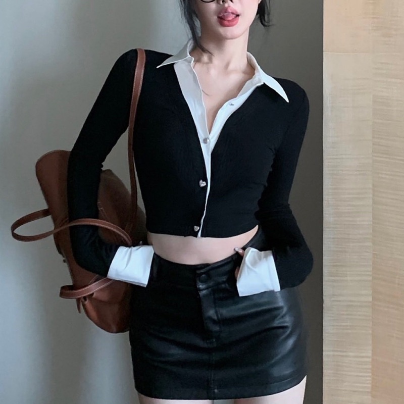 Áo Sơ Mi Phối Màu Trắng Đen Cúc Tim
