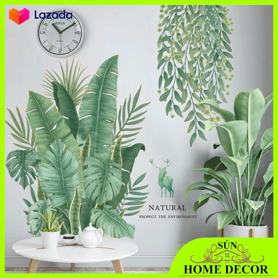 Decal dán tường bụi cây lá xanh và khóm lá rủ xuống, tranh dán tường trang trí phòng ốc tươi mát giúp không gian đẹp hơn và tinh thần thư giãn