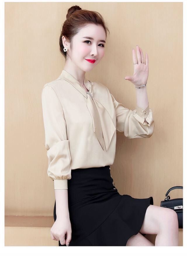 ÁO SƠ MI CÔNG SỞ NỮ CỔ NƠ PHỐI PHỤ KIỆN CAO CẤP