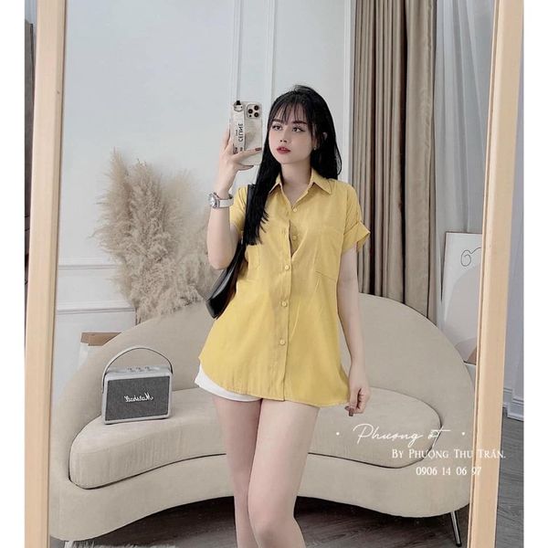 Áo sơ mi cộc tay nữ cánh rơi 2 túi