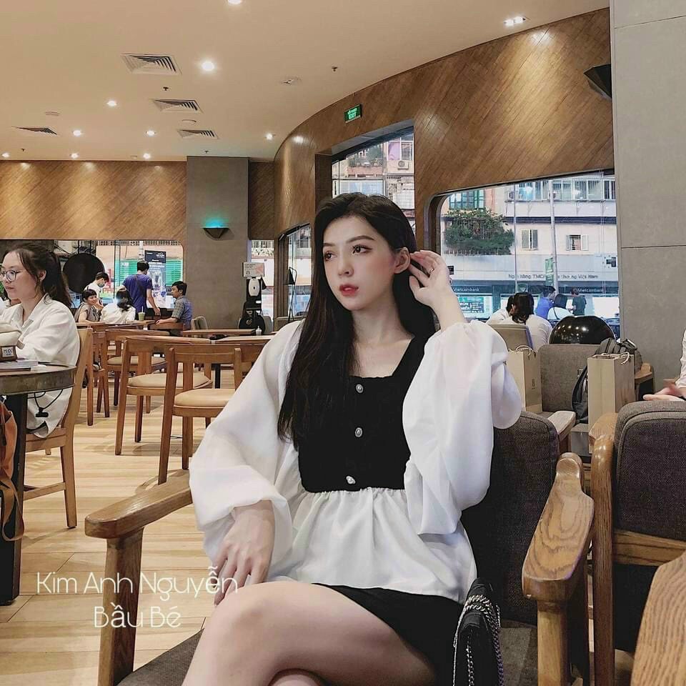 Áo kiểu hot trend pelum khuy nút ngọc phối tay đen trắng tiểu thư ttsa0730