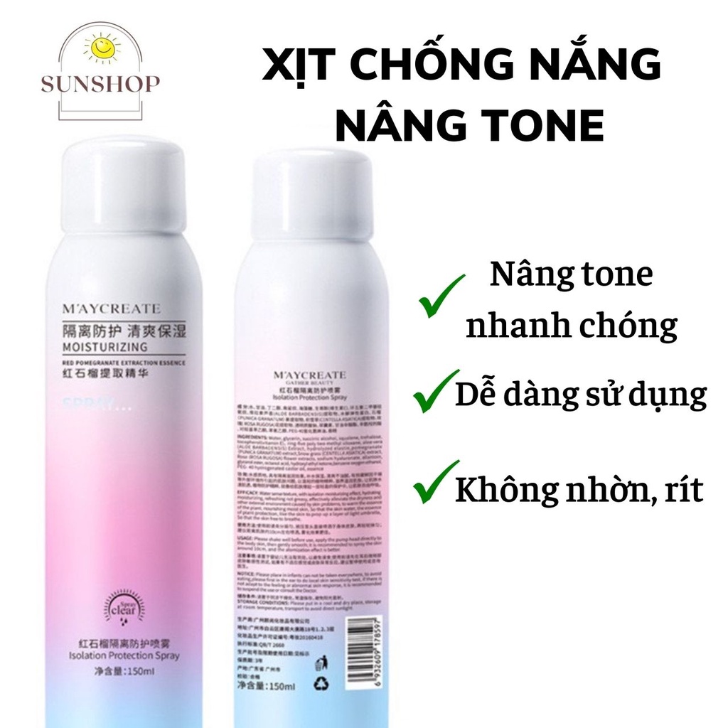 Chai xịt chống nắng Maycreate/BOM làm trắng da tức thì A1