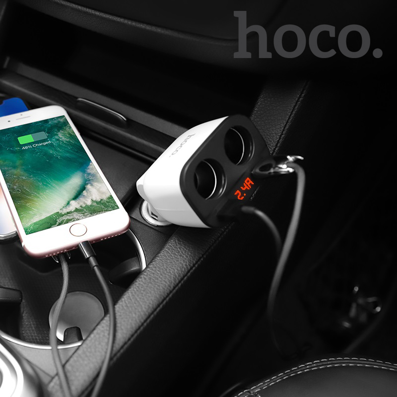Sạc ô tô hoco z28 2 cổng usb hỗ trợ sạc công suất tối đa 80w tích hợp màn hình led hiển thị điện áp
