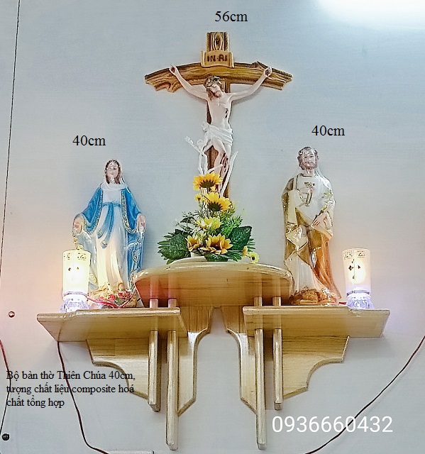 Bộ bàn thờ Thiên Chúa, tượng Mẹ Thánh 40cm, Thánh giá Chúa 46cm hoặc 56cm, kệ gỗ thông 3 tầng sole đôi 60cm 2 đèn, hoa