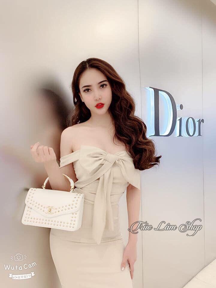 [HCM]Đầm Body Rớt Vai Phối Nơ Xinh