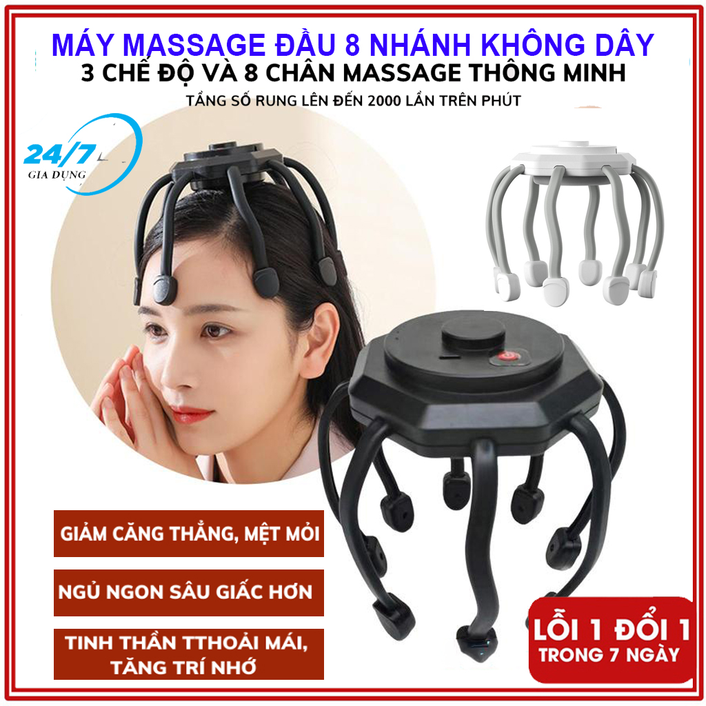 Máy massage đầu 8 nhánh không dây, máy massage đầu chân bạch tuộc máy mát xa đầu giúp thư giãn, giảm căng thẳng cho giấc ngủ sâu, máy massage, mát xa đầu, máy massage đầu cao cấp - giadungbv247