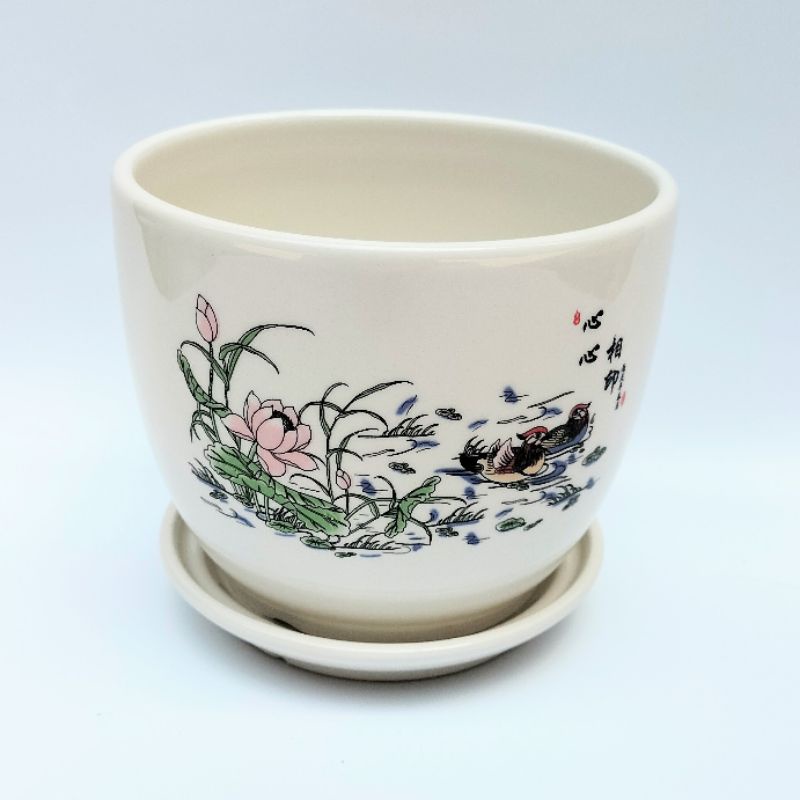 Chậu sứ trồng cây kèm đĩa hứng nước, chậu trồng cây đẹp phù hợp trồng cây để bàn, cây văn phòng, cây phong thủy.