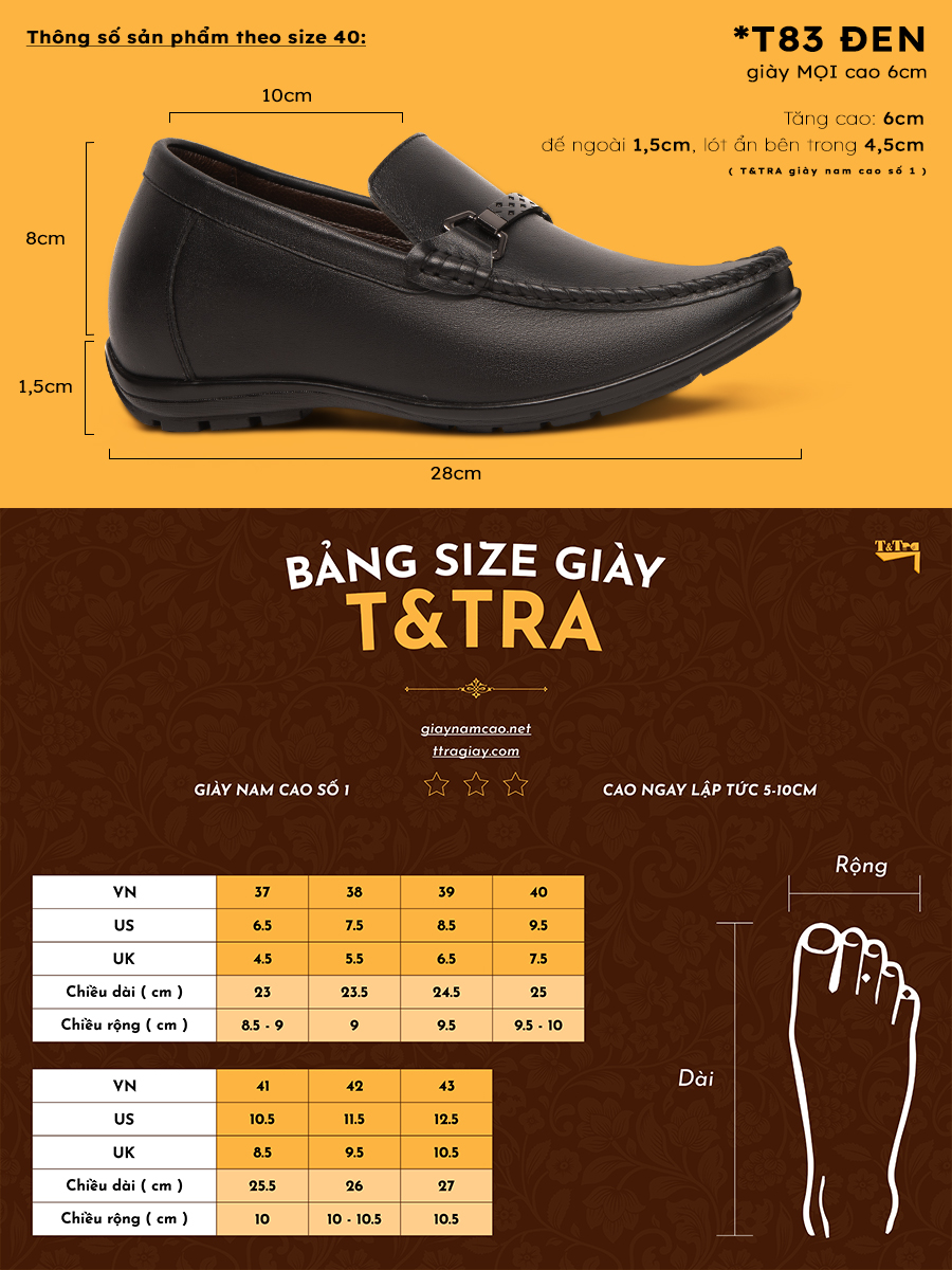 [ 6CM ] Giày Độn Nam T&TRA T83 Đen trơn