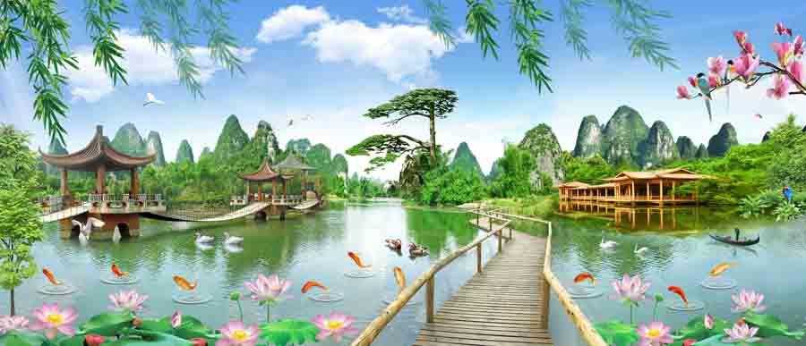 Tranh dán tường 3d sơn thủy hữu tình phòng khách
