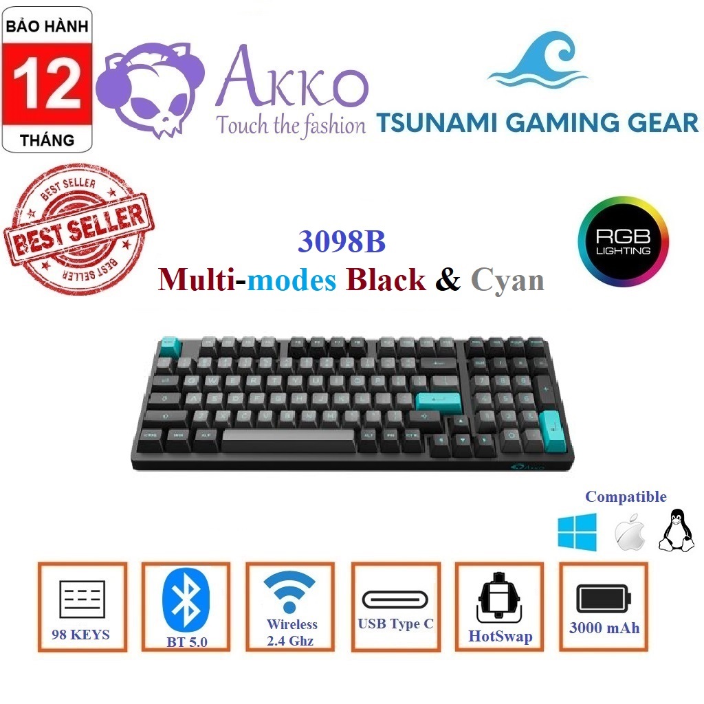 Phím cơ không dây AKKO 3098N Multi-modes Black Gold | 3098B Multi-modes Black Gold | 3098B Multi-modes Black Cyan I RGB | BT 5.0 | Wireless 2.4Ghz | Hotswap