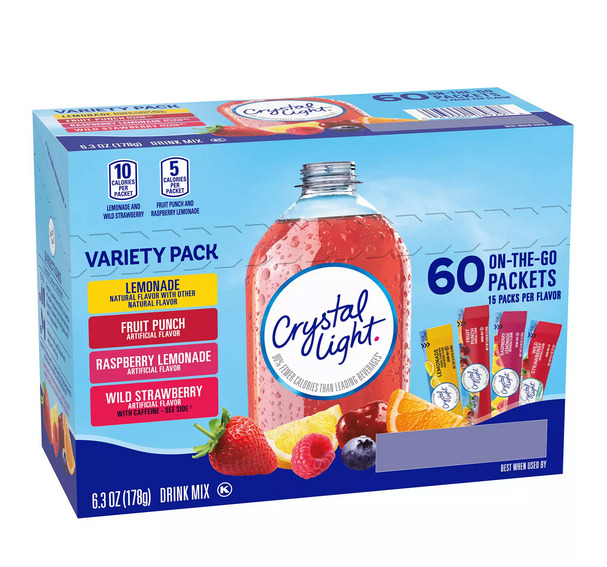 HỘP 60 GÓI 4 VỊ Crystal Light Lemonade, Fruit Punch, Raspberry Lemonade, Wild Strawberry (CHANH, TRÁI CÂY TỔNG HỢP, CHANH PHÚC BỒN TỬ, DÂU RỪNG)