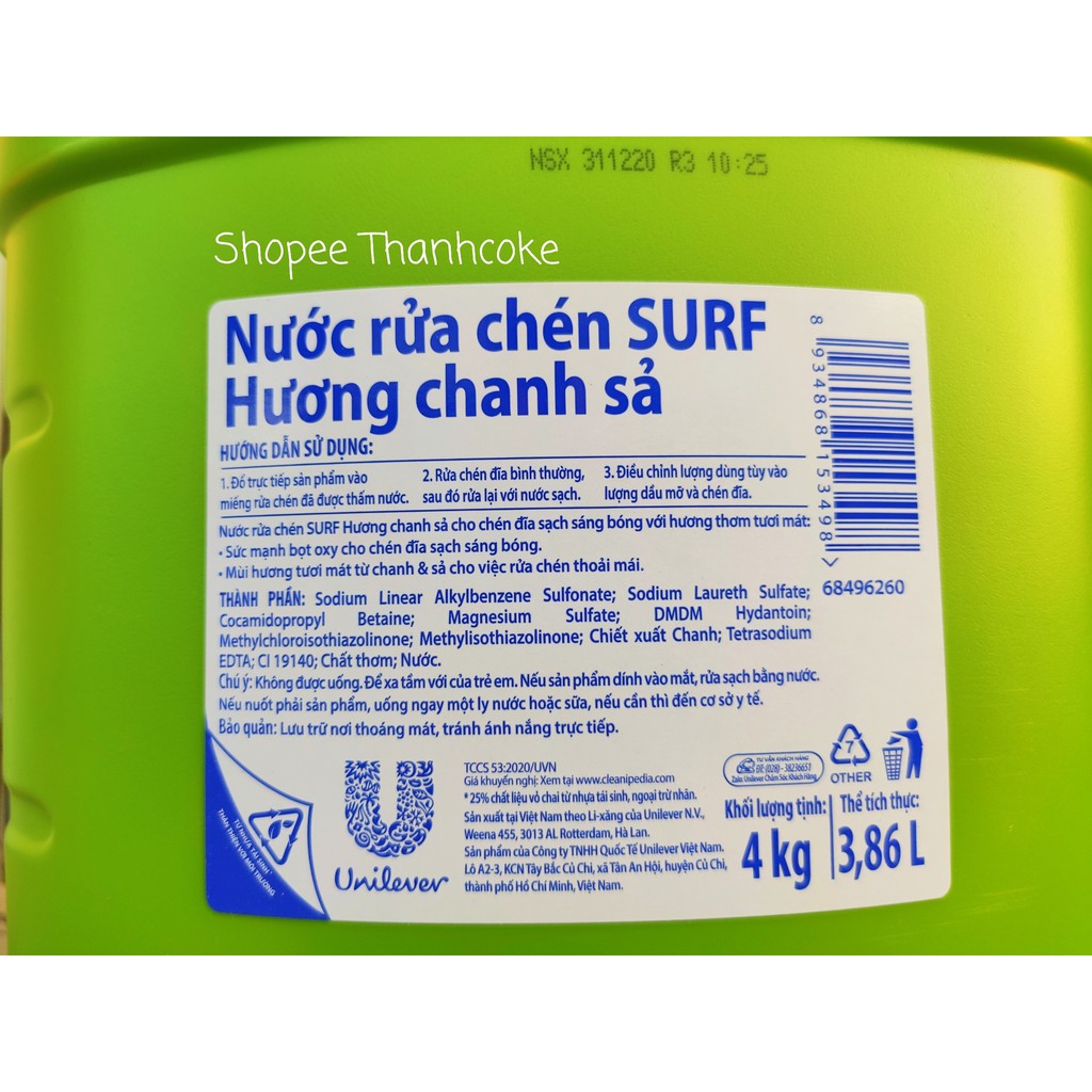 Nước Rửa Chén SURF can 3.6kg Hương Chanh Sả